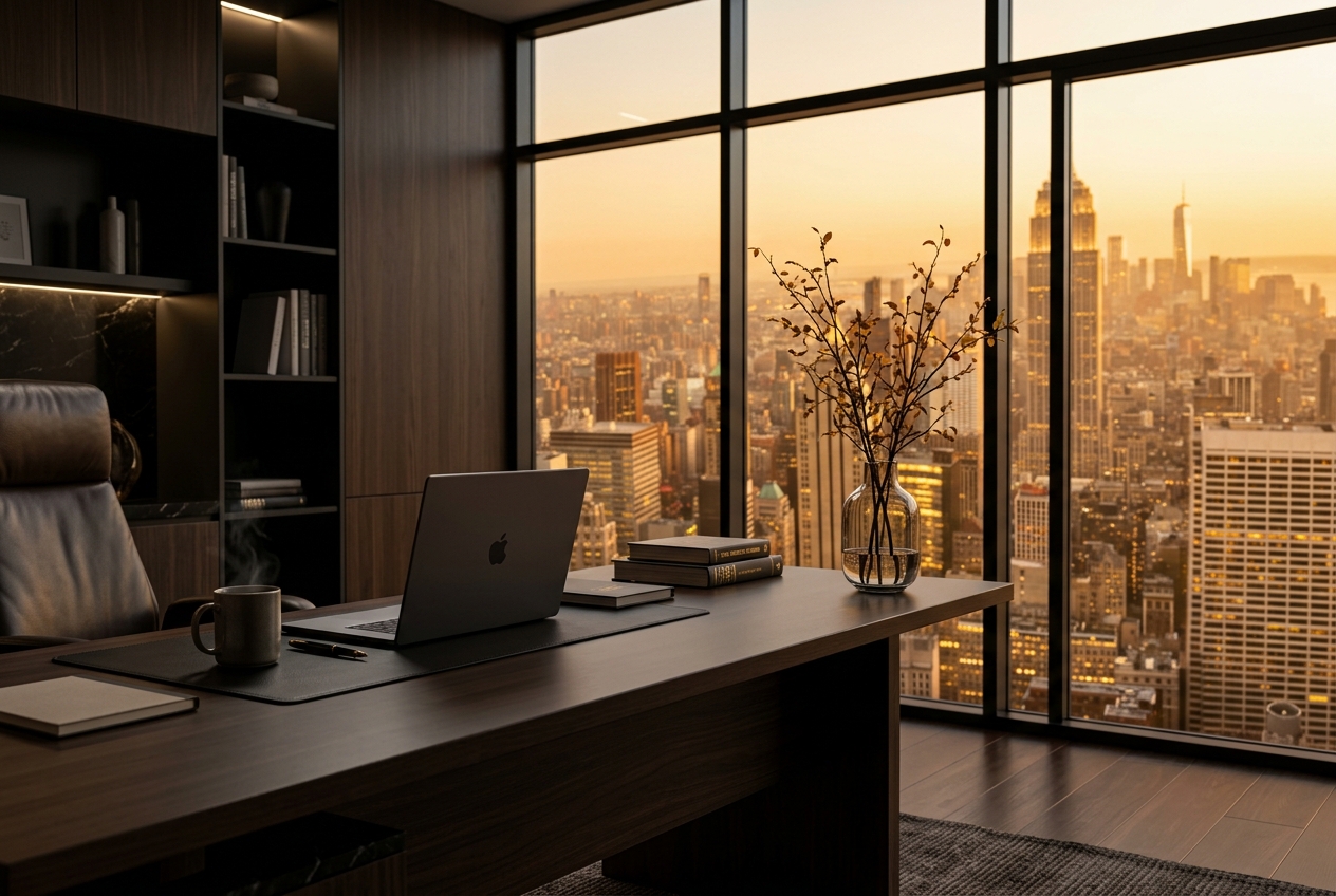 Professional executive office workspace with city skyline view
